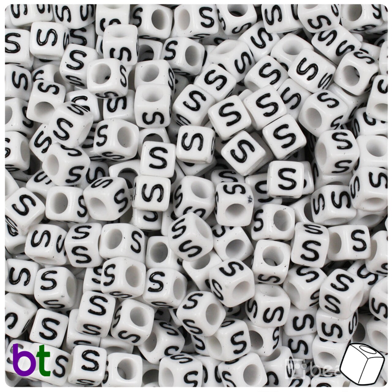 BeadTin White Opaque 6mm Cube Plastic Alpha Beads - Black Letter S (80pcs)